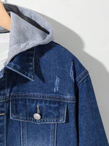 Áo khoác denim vá cho bé trai tuổi teen, Phong cách thường ngày ở trường đại học, Denim xanh đã giặt, Kiểu dáng ôm sát, Trang phục hàng ngày đa năng, Kết hợp, Thường ngày ở trường đại học, Áo khoác denim vá dệt kim - Rửa trung bình - Xem 4