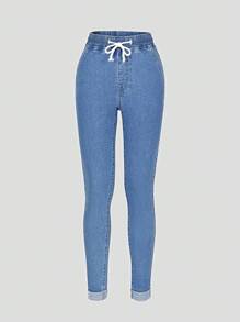 SHEIN 少女Y2K风格牛仔裤，秋冬新款，时尚休闲简约高弹面料，水洗牛仔蓝修身弹力抓绒面料，舒适日常休闲裤，卷边裤脚，抽绳腰带，修身弹力面料，舒适又时尚 - 中等水洗藍 - 查看 4
