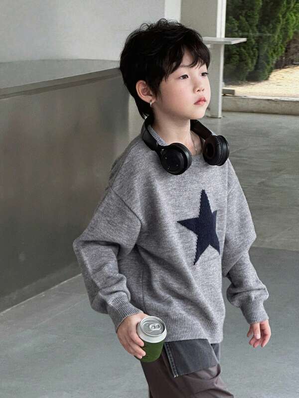 DAZY Oversized Boys Casual Patterned Knit Sweater, Autumn
