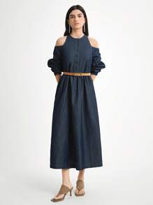 Daynim Women's Casual Vacation Lantern Sleeve Denim Dress