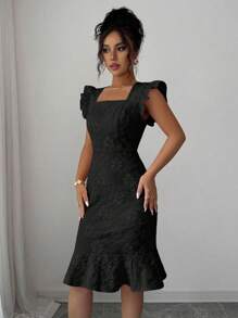 Elenzga 优雅提花纯色方领修身连衣裙，适合夏季通勤 - 黑色 - 查看 4