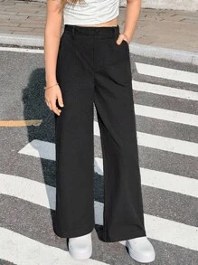 SHEIN 青少年女孩休闲时尚百搭口袋半松紧腰紧身直筒黑色裤子，返校季 - 黑色 - 查看 4