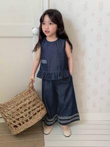 Dazy Kids 女童无袖上衣和牛仔裤套装 - 藍色 - 查看 2
