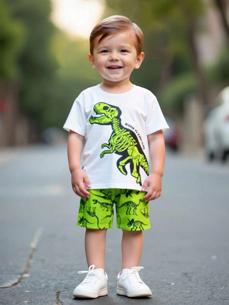 SHEIN Bộ 2 áo thun tay ngắn cổ tròn họa tiết hoạt hình thường ngày cho bé trai và quần short, thích hợp cho mùa hè - Nhiều màu - Xem 1