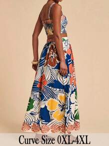 SHEIN VCAY Set da donna taglie forti composto da top a canotta con stampa tropicale colorata abbinato a gonna lunga e ampia a maxi per l'estate, 2 pezzi - Multicolore - Visualizzare 5