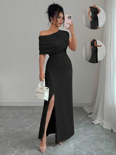 Elenzga Women's Elegant Fashion Commuter Casual Comfortable Charming Resort Gentle Lady Minimalist High-End Holiday Sleeveless Oblique Shoulder Gathered Waist Bodycon Side Slit Solid Color Maxi Dress
