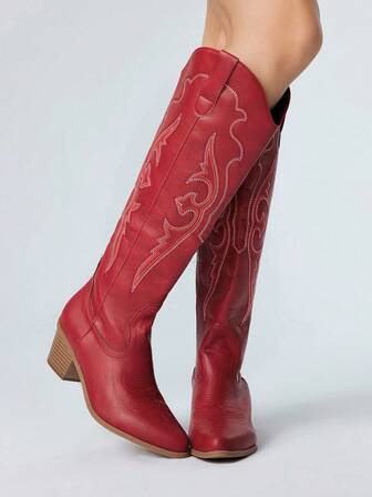 Women's Cowgirl Boots Slip-On Pull-On Wine Red Detailed Embroidery Western Boots, Leather Outdoor Casual Over-The-Knee Riding Boots