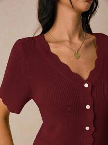 Poéselle Blusa de punto casual de mujer con cuello en V arqueado y manga corta, de un solo abotonado y unicolor - Burdeos - Ver 5