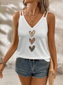 SHEIN LUNE Camiseta sin mangas casual de mujer con cuello en V y holgada, con tirantes ajustables, estampado de corazón, adecuada para el verano