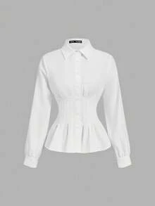 SHEIN MOD Women's Elegant Solid Color Pleated Waist Long Sleeve Blouse,Fall Tops, Women Work Tops