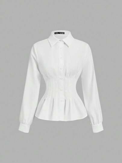 SHEIN MOD Women's Elegant Solid Color Pleated Waist Long Sleeve Blouse,Fall Tops, Women Work Tops
