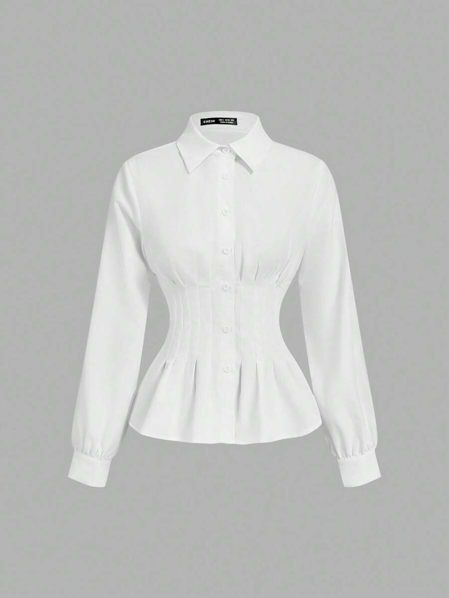 SHEIN MOD Women's Elegant Solid Color Pleated Waist Long Sleeve Blouse,Fall Tops, Women Work Tops