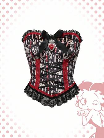 Betty Boop | ROMWE Y2K Letter Graphic Lace Up Contrast Lace Tube Top