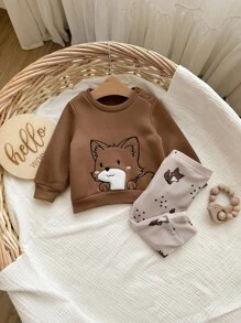 SHEIN Set di felpa con maniche lunghe e pantaloni con motivo carino a cartoni animati per neonata