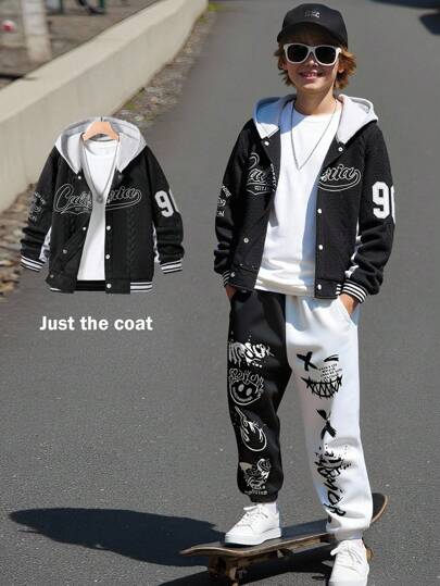 SHEIN Tween Boy Hooded Textured Fabric Baseball Jacket, Casual Sports Outerwear For Autumn/Winter