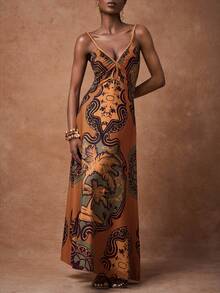 Zivah 春夏新品 音乐节、复活节、西部风、游牧风、生日派对、毕业典礼、学生装、日常休闲、基础百搭、休闲、邮轮旅行、海滩、日光浴、时尚、极简休闲、街头风、V 领水滴印花长裙、棕色大地色调 - 棕色 - 查看 7