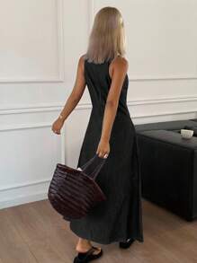 DAZY 女士休闲圆领无袖宽松牛仔连衣裙，春夏 - 黑色 - 查看 3