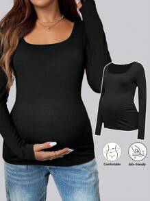 SHEIN Maternity Plain Round Neck Long Sleeve Casual Slim Fit T-Shirt - Black - View 7