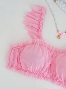 PetitDoll 2pcs Women Elegant Cute Mesh Ruffle Bra And Panty Set