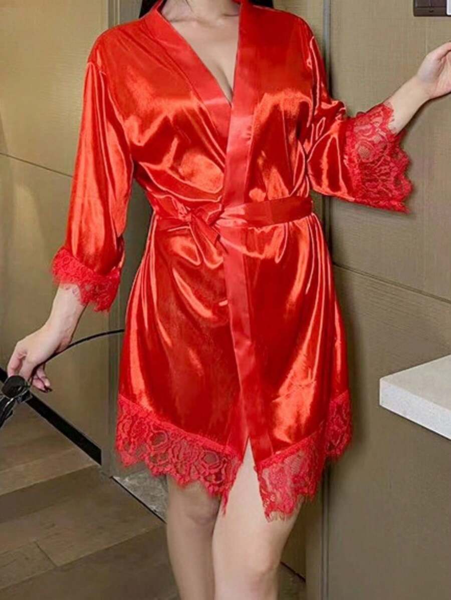 1 件女士水疗长袍、新娘伴娘浴袍、睡衣（带腰带和 T 型背心）男童情人节心形女士情人节夏季婚礼家居浴室装饰 - 紅色 - 查看 1