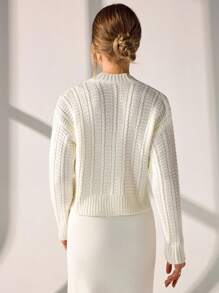 CLARA VERO Chunky Textured Knit V-Neck Button-Up Cardigan With Ribbed Hem And Cuffs In Cream White,Cardigans For Women,Long Cardigans Woman,Petite Cardigans,Cardigans - Apricot - View 2