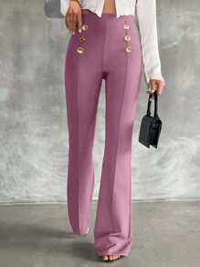 SHEIN Tall Pantalones acampanados de doble botonadura decorativa de talla alta - Rosa vieja - View 4
