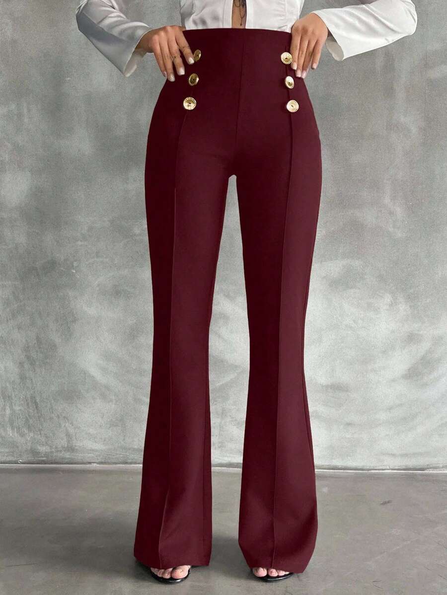SHEIN Tall Tall Size Double Breasted Decorative Flared Trousers - Burgundy - View 1