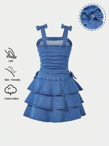 Girls' Casual Soft Washed Denim Dress With Bowknot Decor, Elastic Waist Patchwork Dress, Lightweight Summer Teen Girls Blue Denim Dress Girls Ruffle Dress Girls Tiered Denim Dress Fall Winter