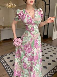 Modelyn 珍珠纽扣装饰交叉领口泡泡袖修身女式连衣裙 - 彩色 - 查看 6