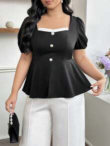 Modelyn Blusa de mujer talla grande con cuello cuadrado, cintura ceñida y mangas abullonadas con abertura