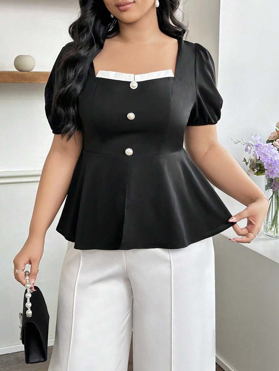 Modelyn Blusa de mujer talla grande con cuello cuadrado, cintura ceñida y mangas abullonadas con abertura