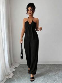 Selianne 女式无袖露背纯色细肩带连体裤，带口袋，夏季 - 黑色 - 查看 1