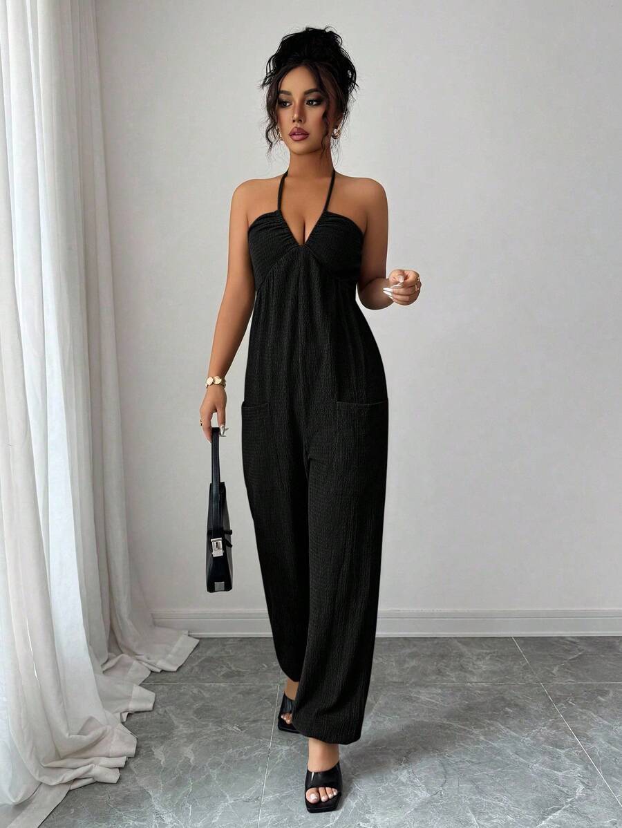 Selianne 女式无袖露背纯色细肩带连体裤，带口袋，夏季 - 黑色 - 查看 1