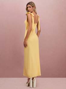 Enchnt Fall/Summer Romantic Women's Butter Yellow Bowknot Shoulder Sleeveless Split Maxi Dress - Yellow - View 7