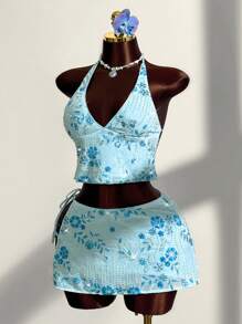 Amplova Bộ 2 món áo hở lưng buộc dây phía trước và chân váy ngắn in họa tiết hoa đính sequin và hạt cườm gợi cảm dành cho kỳ nghỉ bãi biển dành cho nữ cỡ lớn - Màu xanh lam - Xem 1