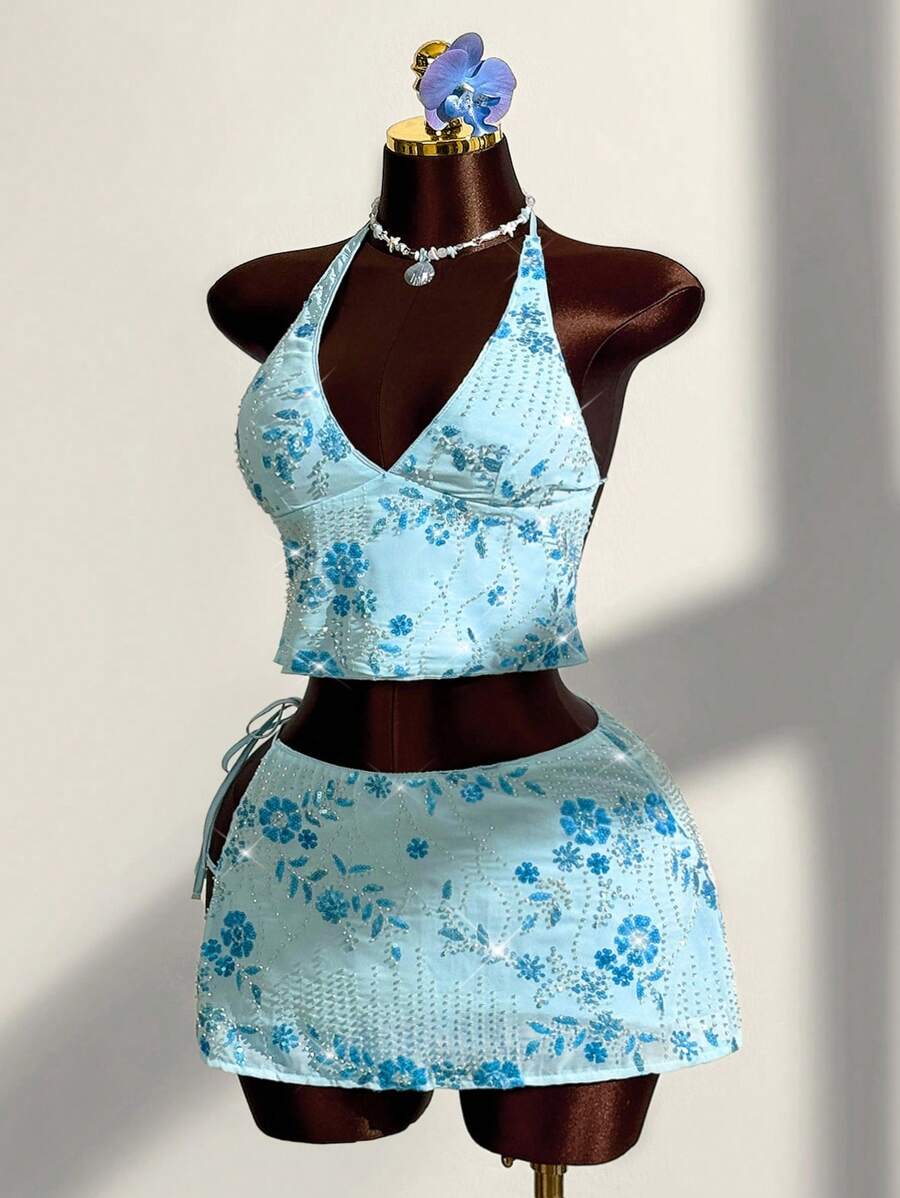 Amplova Bộ 2 món áo hở lưng buộc dây phía trước và chân váy ngắn in họa tiết hoa đính sequin và hạt cườm gợi cảm dành cho kỳ nghỉ bãi biển dành cho nữ cỡ lớn - Màu xanh lam - Xem 1