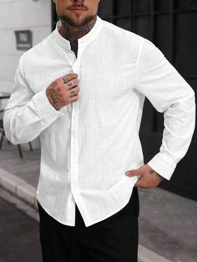 Manfinity CasualCool Camicia casual da uomo a maniche lunghe, colore unito, camicia in lino bianca da uomo, camicia casual bianca da uomo, camicia strutturata in puro cotone da uomo, camicia bianca da uomo, stile estivo e autunnale, stile old money