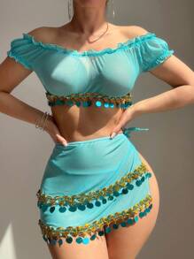 SHEIN 3pcs Set: Sexy Mesh Off Shoulder Sexy Lingerie Set With Golden Tassel Decor For Going Out - Baby Blue - View 1