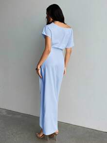 Aloruh Women's Long Wrap Dress With Ruched Collar Design, Suitable For Commute, Daily Wear, Spring/Summer - Blue - View 2