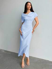 Aloruh Women's Long Wrap Dress With Ruched Collar Design, Suitable For Commute, Daily Wear, Spring/Summer - Blue - View 3