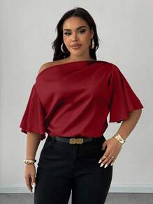 Maweii Áo kiểu nữ cỡ lớn màu đỏ thanh lịch, thoải mái, tay ngắn, bèo nhún, vai bất đối xứng, thích hợp cho mùa xuân, hè và thu. - Đỏ - Xem 5