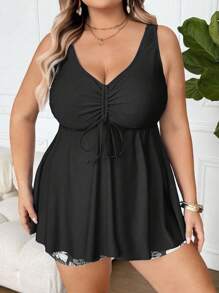 SHEIN CURVE+ Plus Size Women 2 Pieces Swimsuit, Floral Print Tankini Swimwear For Summer Vacation - Black - View 6