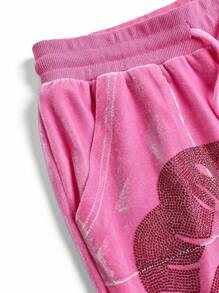 Betty Boop | ROMWE Y2K 女款水钻唇形拉链连帽天鹅绒卫衣和喇叭裤套装 - 粉色 - 查看 5