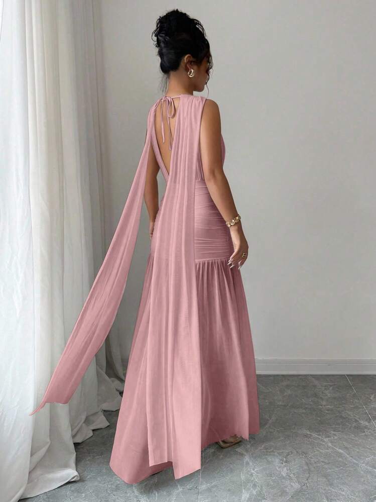 Elenzga Vestido Elegante Feminino de Cor Sólida com Costas Abertas, Plissado e Fenda, Verão - Rosa chiclete - Visão 2