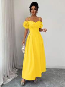Elenzga Váy dạ hội chữ A sang trọng cổ điển thanh lịch, tay bồng cánh bướm, lưới 3D màu tím, eo khoét sâu, dây mảnh - Màu vàng - Xem 5