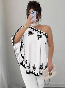 SHEIN Elenzya 女式加大码宽松花卉印花露肩系带衬衫