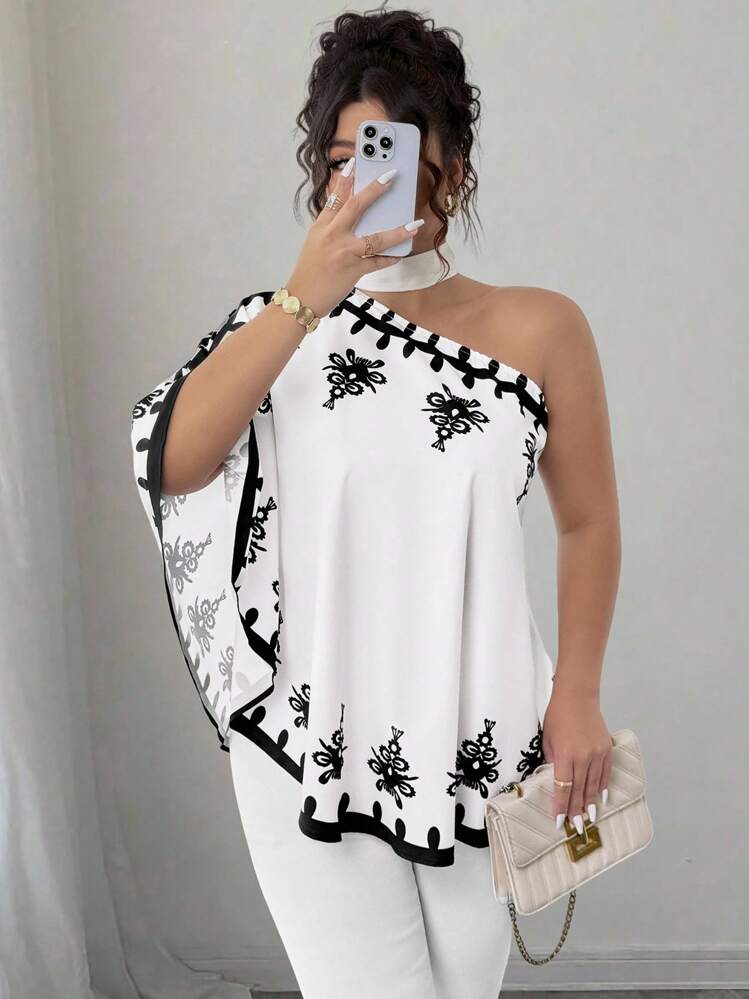 SHEIN Elenzya Blusa Floral Assimétrica com Amarração no Pescoço, Plus Size, Estilo Solto, Novos Looks para o Ano Novo - Multicolorido - Visão 5
