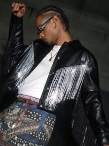 AXEPEAK Men's Turndown Collar Long Sleeve Fringe Detail Short Jacket , Fall Winter, Grunge - Black - View 6