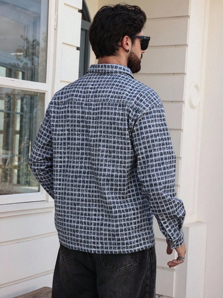 Men's Plaid Blue Denim Effect Shacket, Autumn Jacket