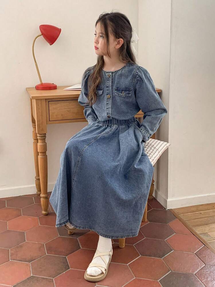 Tween Girl Solid Color Round Neck Puff Sleeve Long Sleeve Single-Breasted Denim Suit